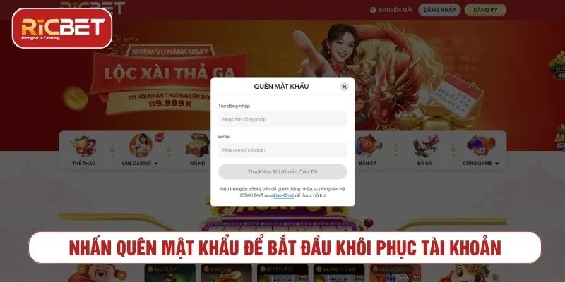 Nhấn Quên Mật Khẩu để bắt đầu khôi phục tài khoản