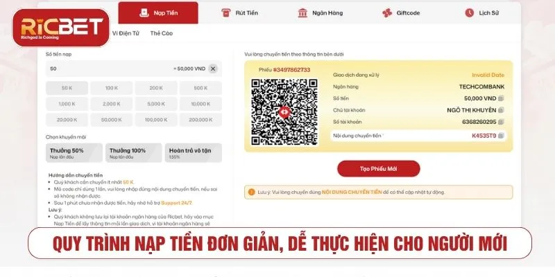 Quy trình nạp tiền RICBET đơn giản, dễ thực hiện cho người mới