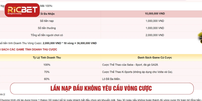 Khuyến mãi RICBET có yêu cầu vòng cược không? Lần nạp đầu không bị yêu cầu hoàn thành vòng cược