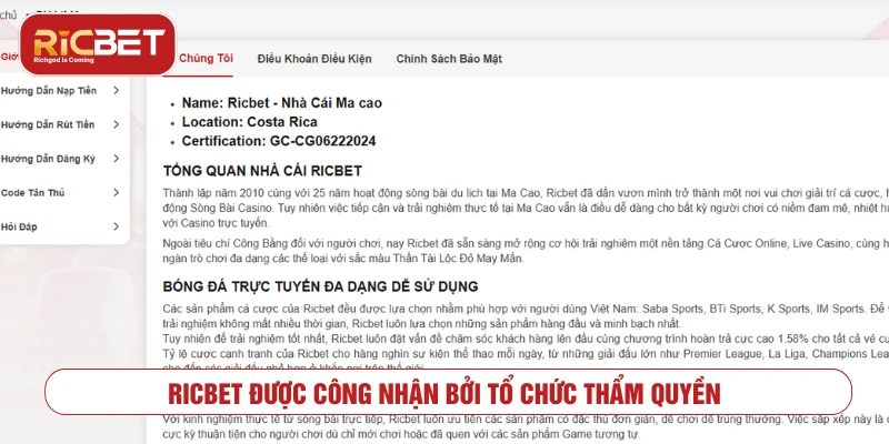 RICBET có hợp pháp không? Lưu ý khi tham gia đặt cược RICBET được công nhận bởi tổ chức có thẩm quyền